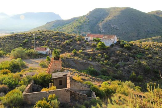 Remains of abandoned buildings of the mines of La Union village in Cartagena province, Murcia community, Spain.
