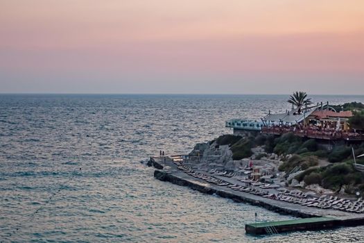 Kusadasi,Aydin,Turkey- July 21,2021.The view from Pinebay holiday village and resort in Kusadasi, in the sea and nature and summer sesason.