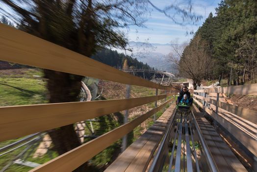 Excited father and son enjoys driving on alpine coaster