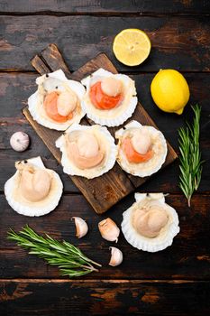 Fresh scallops for a baked recipe set, on old dark wooden table background, top view flat lay