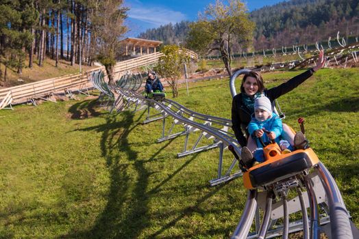 Excited young mother and son driving on alpine coaster while enjoying beautiful sunny day in the nature