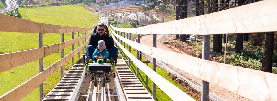 Excited young father and son driving on alpine coaster while enjoying beautiful sunny day in the nature