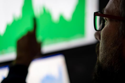 Crypto trader investor analyst looking at computer screen , thinking of online stock exchange market trading investment global risks.