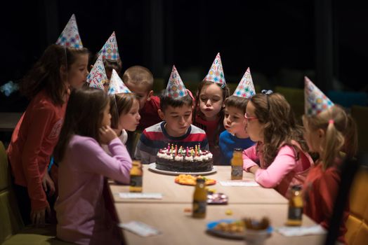 The young boy joyfully celebrating his birthday with a group of his friends