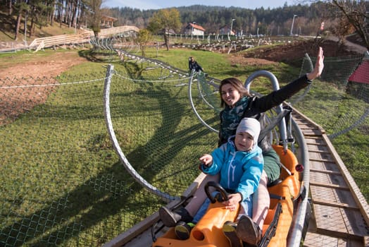 young excited mother and son enjoys driving on alpine coaster