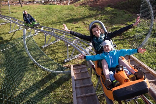 young excited mother and son enjoys driving on alpine coaster