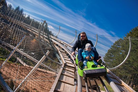 Excited young father and son driving on alpine coaster while enjoying beautiful sunny day in the nature