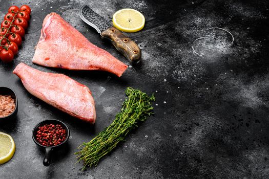 Fish raw snapper set, on black dark stone table background, with copy space for text
