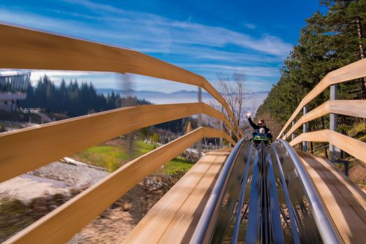 Excited young father and son driving on alpine coaster while enjoying beautiful sunny day in the nature