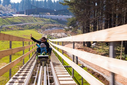 Excited young father and son driving on alpine coaster while enjoying beautiful sunny day in the nature