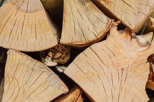 Stack of dry chopped wooden logs. natural wooden background with timber.