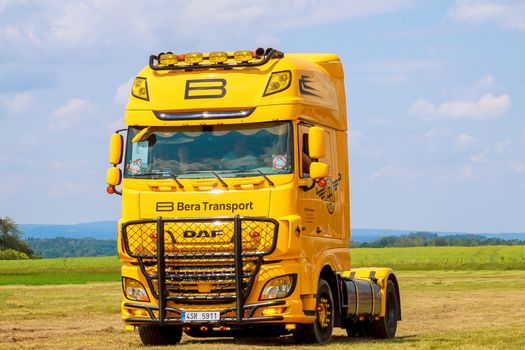 Skutech, Czech Republic, 26 June 2020: Truck Show. Transport festival in the Czech Republic. Truck Fest weekend with kids. Truckers charity event for children.