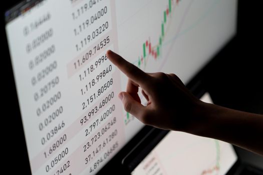 Crypto trader investor analyst looking at computer screen analyzing financial graph data on pc monitor, thinking of online stock exchange market .