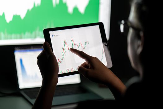 Crypto trader investor analyst looking at computer screen analyzing financial graph data on pc monitor, thinking of online stock exchange market .