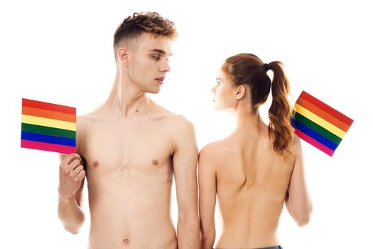 young couple lgbt Flag transgender lifestyle light background. High quality photo