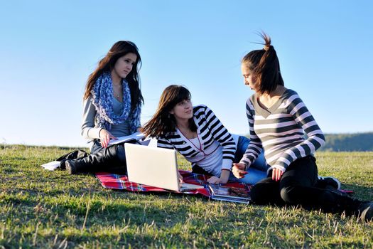 group of teen girl woman outdoor have fun and study homework on laptop computer