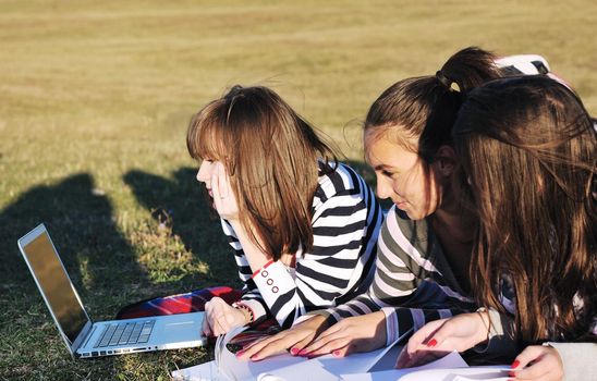 group of teen girl woman outdoor have fun and study homework on laptop computer