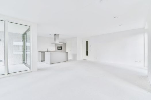 Snow-white kitchen area in a large elegant apartment