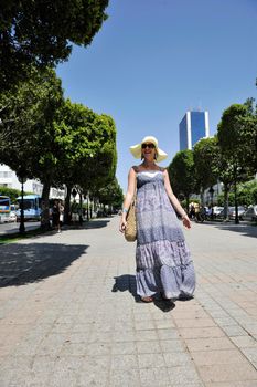 happy young woman tourist  tunis travel on road trip 