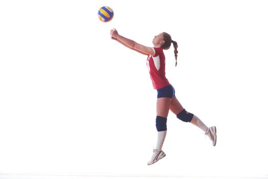 volleyball woman jump and kick ball isolated on white background