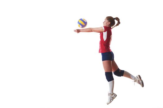 volleyball woman jump and kick ball isolated on white background