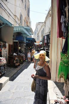 happy young woman tourist  tunis travel on road trip 