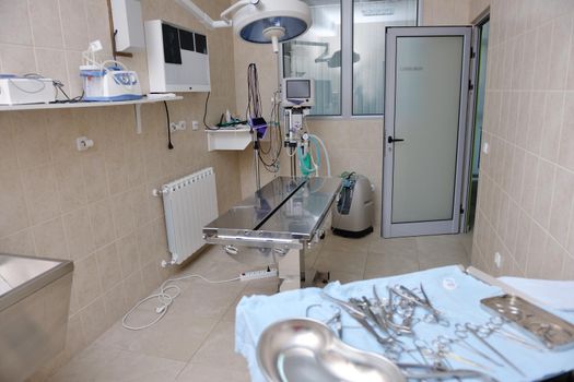 animal and pet surgery hospital room indoor with tools and instruments