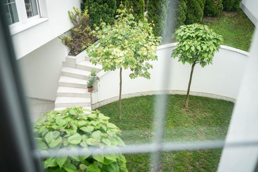 Beautiful window view on green garden