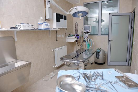 animal and pet surgery hospital room indoor with tools and instruments