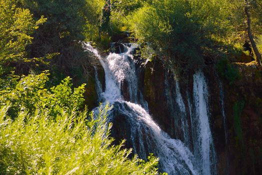 waterfall on wild river with fresh drinking water in summer