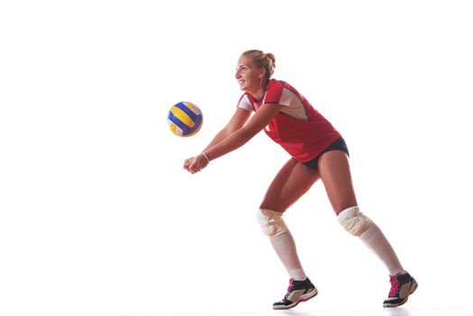 volleyball woman jump and kick ball isolated on white background