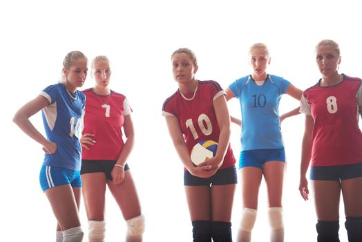 volleyball game sport with group of young beautiful  girls indoor in sport arena ball net