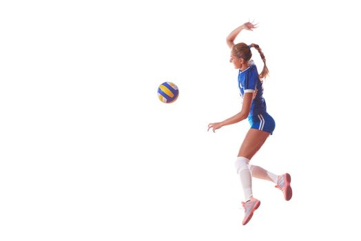 volleyball woman jump and kick ball isolated on white background