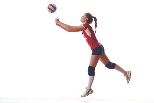 volleyball woman jump and kick ball isolated on white background