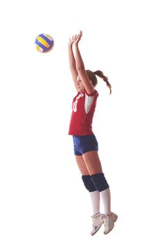 volleyball woman jump and kick ball isolated on white background