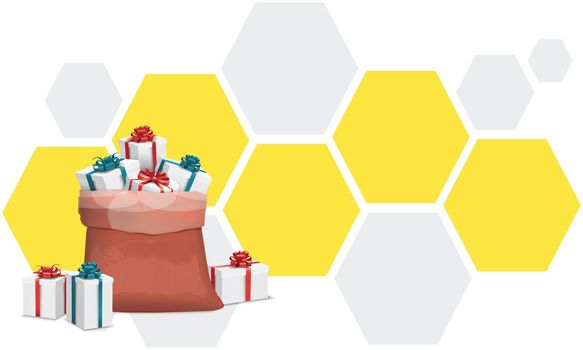 bag full of gifts on abstract hexagon background