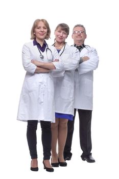 Portrait of group of smiling hospital colleagues standing together isolated over white background