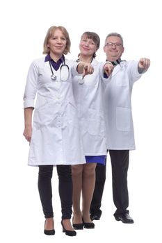 Portrait of group of smiling hospital colleagues standing together isolated over white background