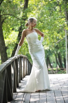 beautiful bride woman people in fashion wedding dress posing outdoor in bright park