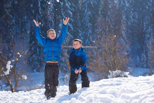 happy kids playing in fresh snow at beautiful  sunny winter day