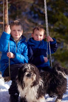 portrait of two little boys with slides  in nature at beautiful sunny winter day with fresh snow