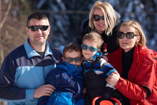 portrait of happy young family sitting on slides at beautiful winter day