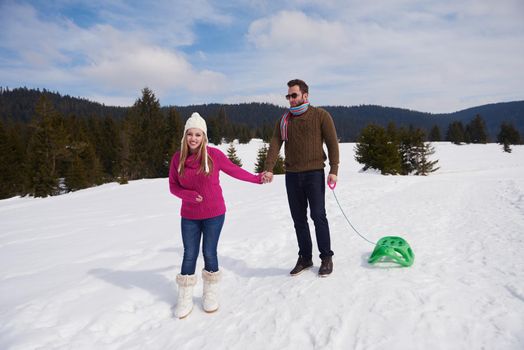 romantic winter  scene, happy young couple having fun on fresh show on winter vacatio, mountain nature landscape