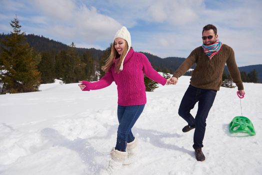 romantic winter  scene, happy young couple having fun on fresh show on winter vacatio, mountain nature landscape