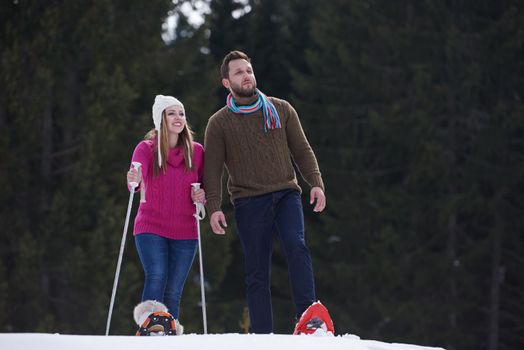 happy young  couple having fun and walking in snow shoes outdoor in nature at beautiful winter day. Health sport and relaxation