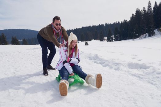 romantic winter  scene, happy young couple having fun on fresh show on winter vacatio, mountain nature landscape