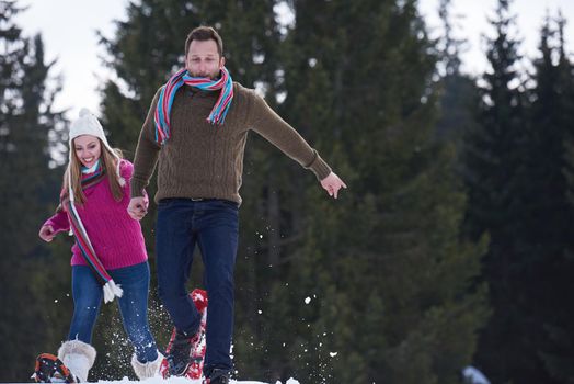 happy young  couple having fun and walking in snow shoes outdoor in nature at beautiful winter day. Health sport and relaxation