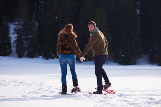 happy young  couple having fun and walking in snow shoes. Romantic winter relaxation scene