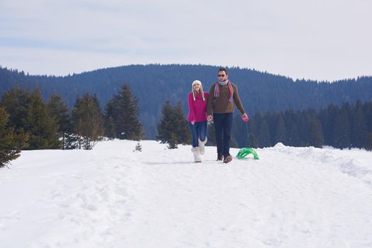 romantic winter  scene, happy young couple having fun on fresh show on winter vacatio, mountain nature landscape