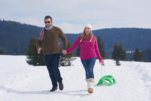 romantic winter  scene, happy young couple having fun on fresh show on winter vacatio, mountain nature landscape